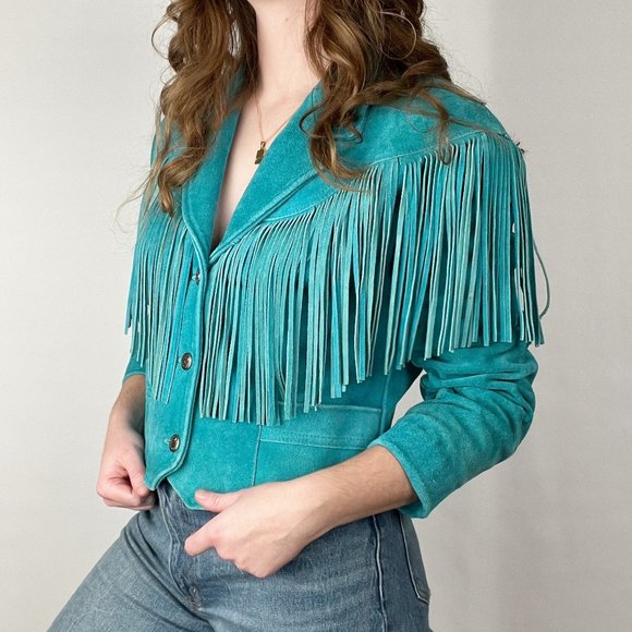 Vintage Suede Leather Fringe Jacket Western Boho Coat Blazer Festival Bohemian - Picture 2 of 9